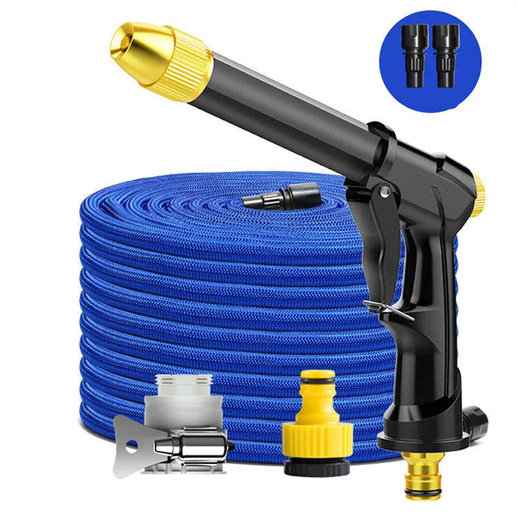 Aluminium alloy telescopic garden hose extended with multi-spray water gun for car washing.