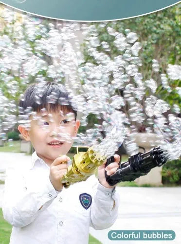 Kids plastic bubble machine gun toy in pink, gold, or black colours with removable bubblehead for fan use.
