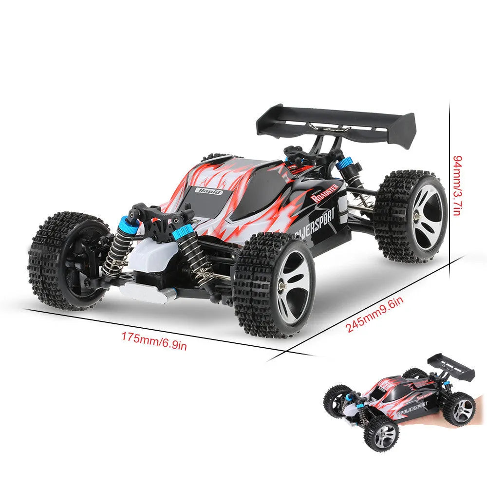 1:18 scale remote control off-road car with four-wheel independent suspension, plastic body, blue or red, 24.5 x 17.5 x 9.4 cm