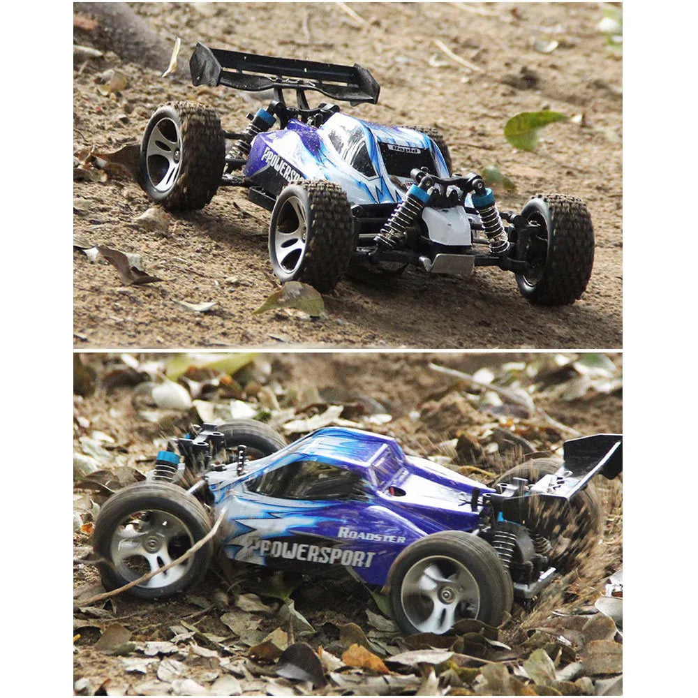 1:18 scale remote control off-road car with four-wheel independent suspension, plastic body, blue or red, 24.5 x 17.5 x 9.4 cm