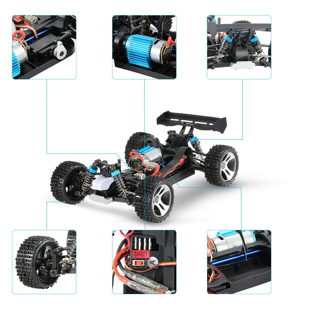 1:18 scale remote control off-road car with four-wheel independent suspension, plastic body, blue or red, 24.5 x 17.5 x 9.4 cm