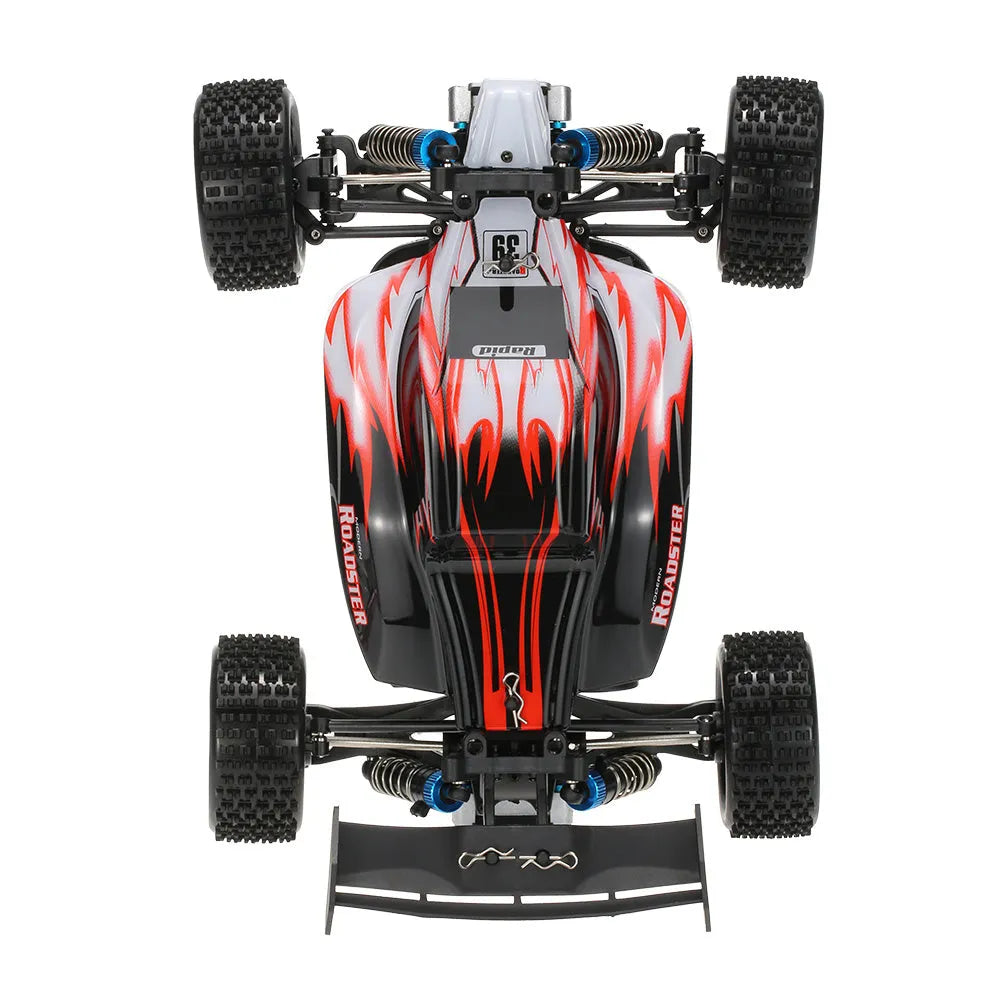 1:18 scale remote control off-road car with four-wheel independent suspension, plastic body, blue or red, 24.5 x 17.5 x 9.4 cm