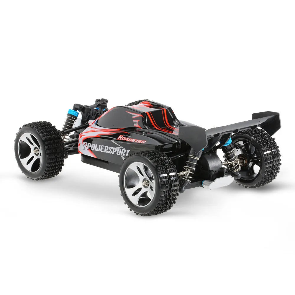 1:18 scale remote control off-road car with four-wheel independent suspension, plastic body, blue or red, 24.5 x 17.5 x 9.4 cm