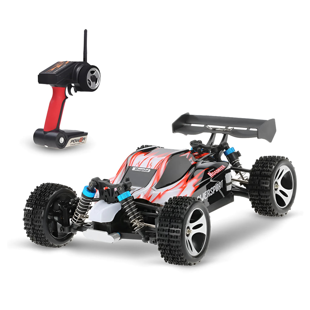 1:18 scale remote control off-road car with four-wheel independent suspension, plastic body, blue or red, 24.5 x 17.5 x 9.4 cm