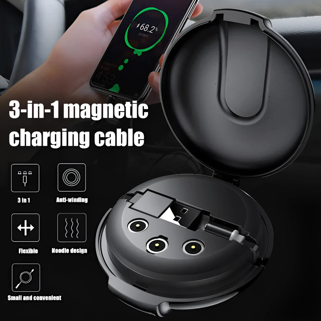Black magnetic retractable car phone charger with 1m cable shown mounted in vehicle