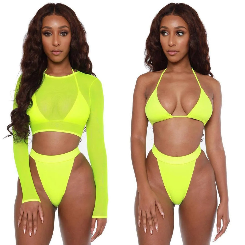 3 piece neon green bikini swimsuit set with high waist bottom and long sleeves on women