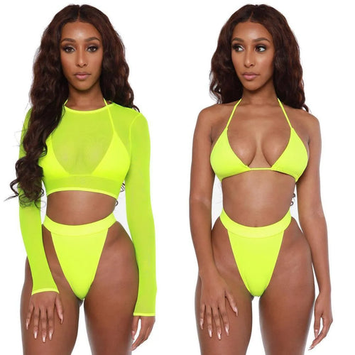 3 piece neon green bikini swimsuit set with high waist bottom and long sleeves on women