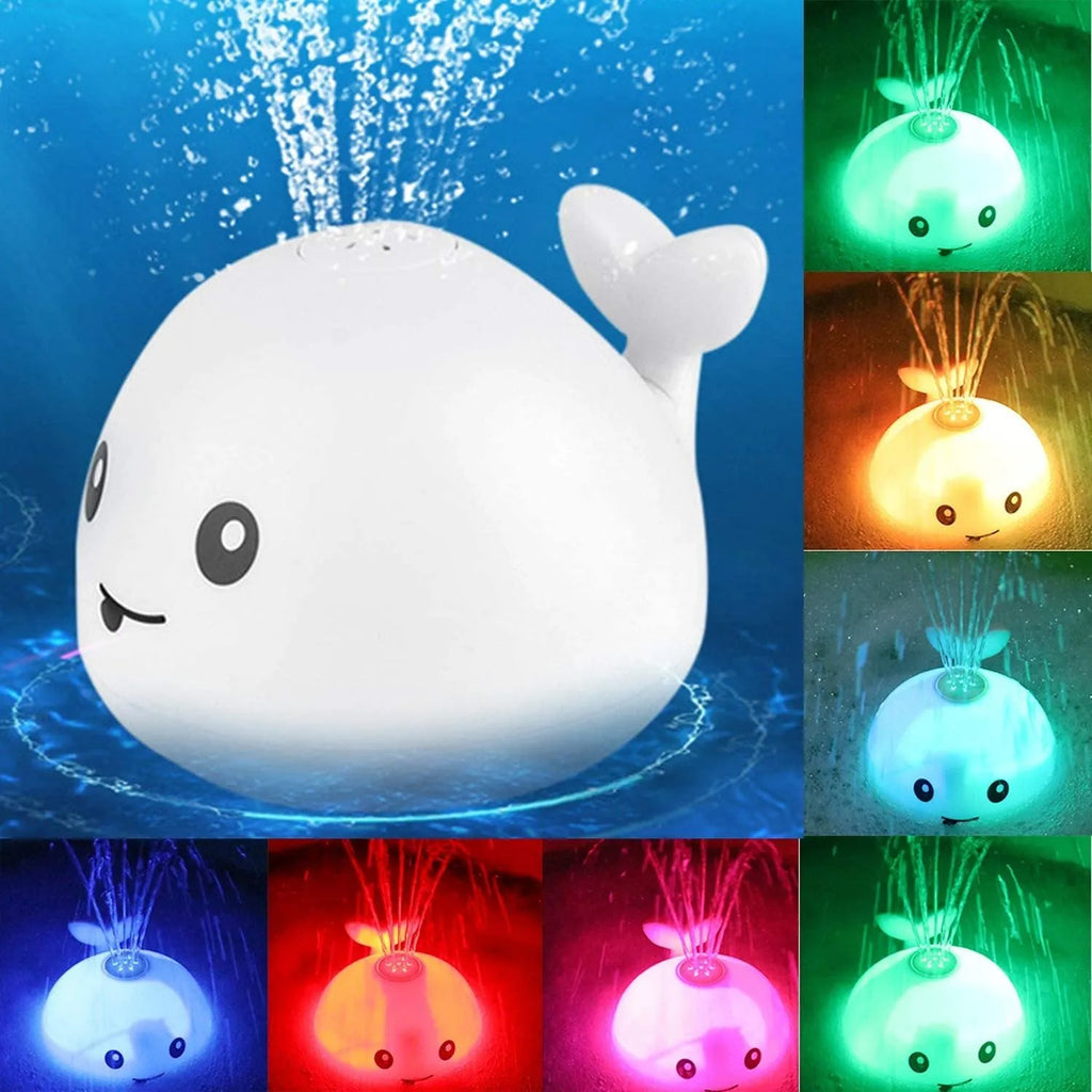 Electric whale-shaped bath spray toy with water-activated automatic spray, LED lights, and floating capability