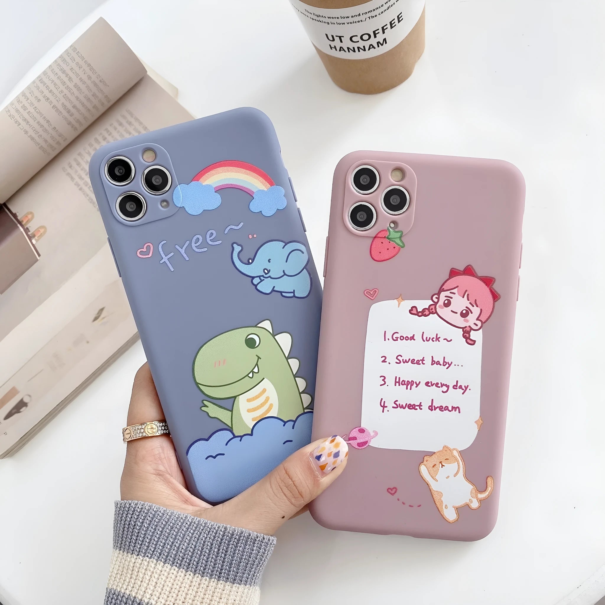 Blue TPU soft shell iPhone case with printed dinosaur cartoon design for iPhone 12 and compatible models