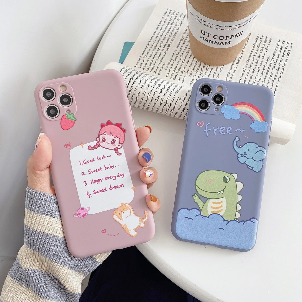 Blue TPU soft shell iPhone case with printed dinosaur cartoon design for iPhone 12 and compatible models