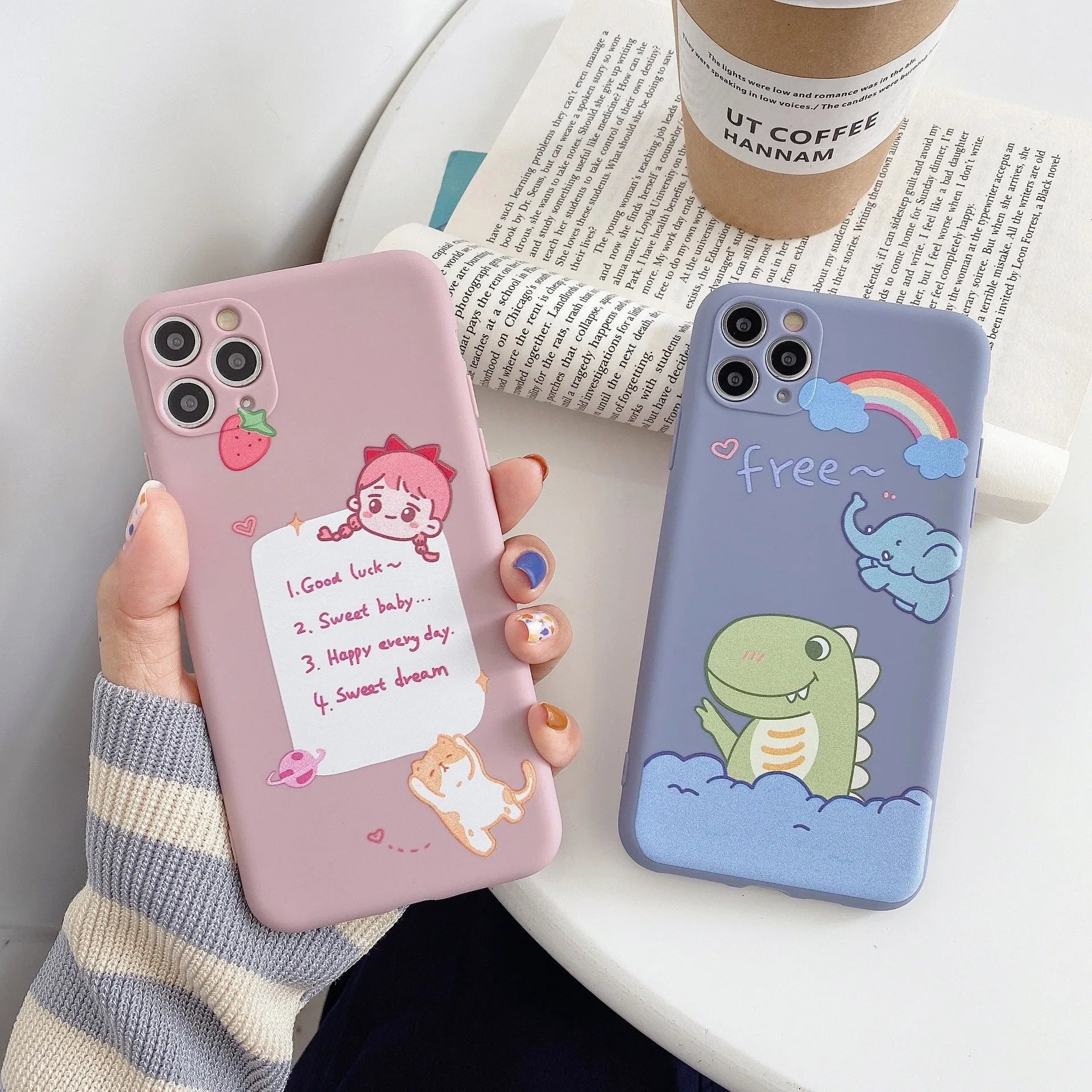 Blue TPU soft shell iPhone case with printed dinosaur cartoon design for iPhone 12 and compatible models