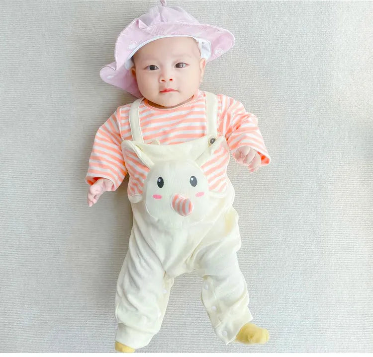 Baby elephant two-piece suit in creamy white with long sleeves, snap button crotch, and round neck design on soft cotton fabric.