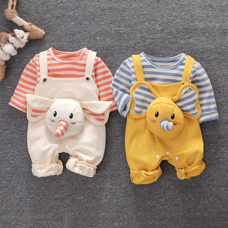 Baby elephant two-piece suit in creamy white with long sleeves, snap button crotch, and round neck design on soft cotton fabric.