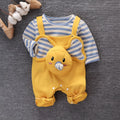 Baby elephant two-piece suit in creamy white with long sleeves, snap button crotch, and round neck design on soft cotton fabric.