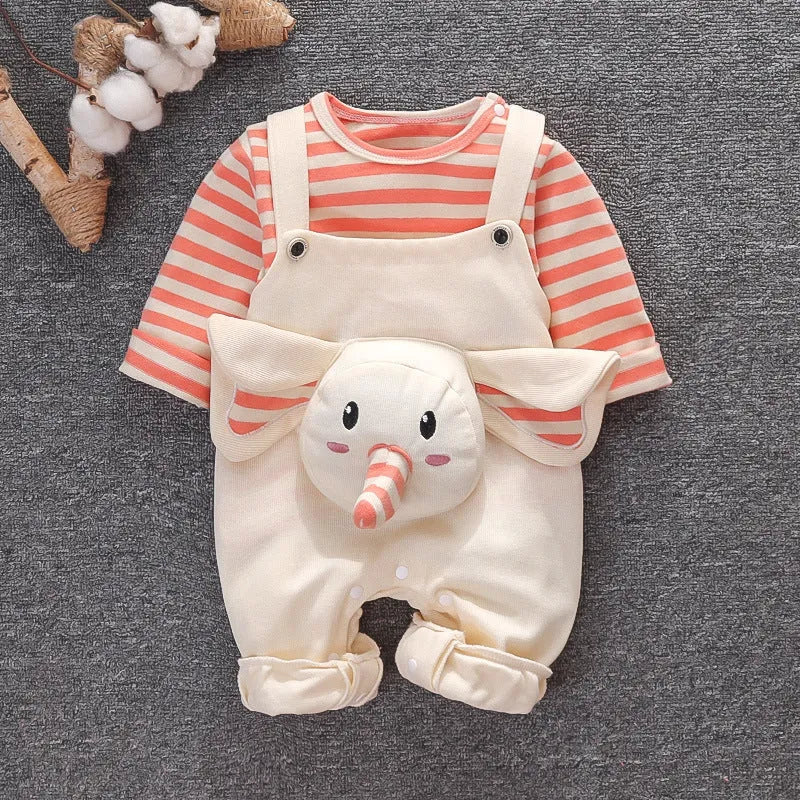 Baby elephant two-piece suit in creamy white with long sleeves, snap button crotch, and round neck design on soft cotton fabric.