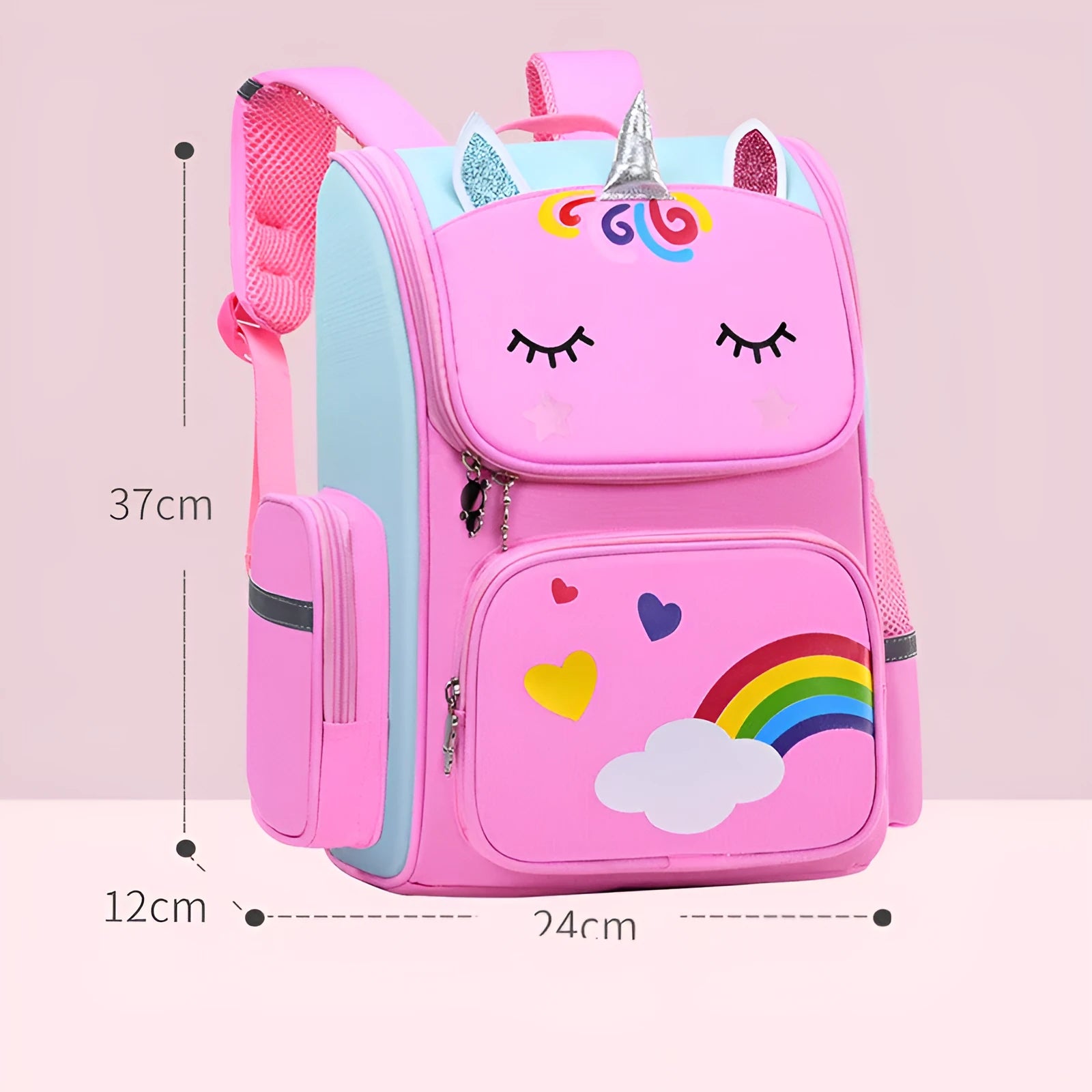 Children's polyester school backpack for primary students in blue, pink, or purple colours with two size options