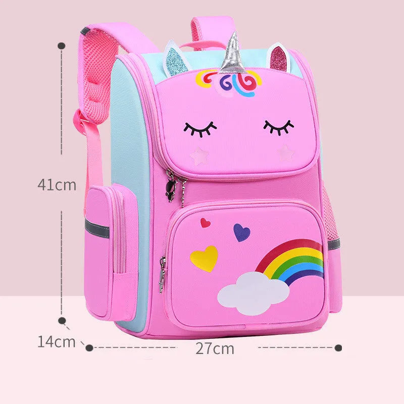 Children's polyester school backpack for primary students in blue, pink, or purple colours with two size options