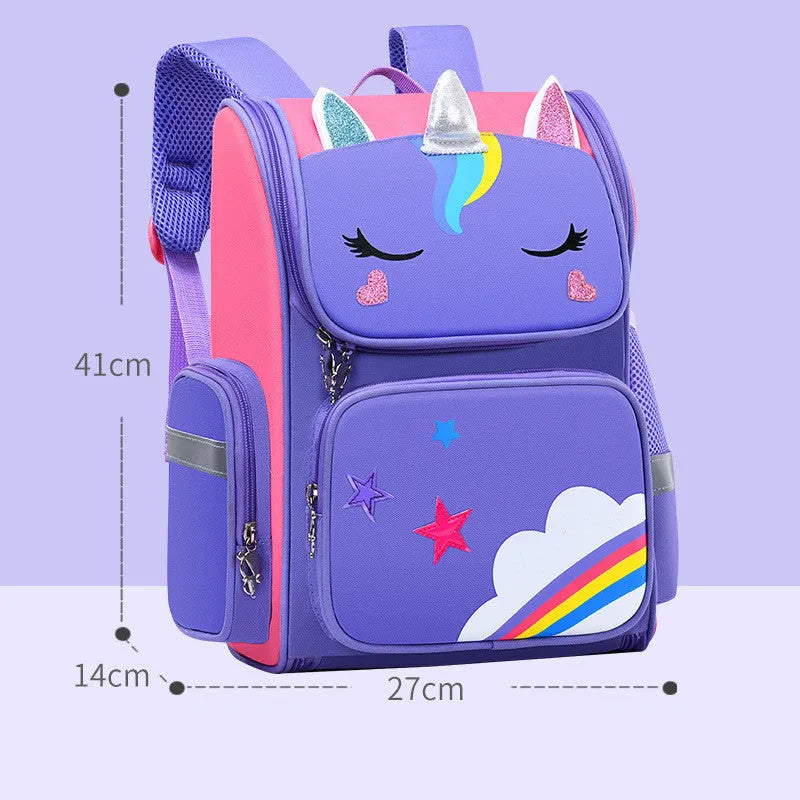 Children's polyester school backpack for primary students in blue, pink, or purple colours with two size options