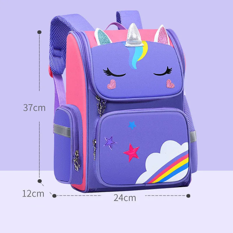Children's polyester school backpack for primary students in blue, pink, or purple colours with two size options