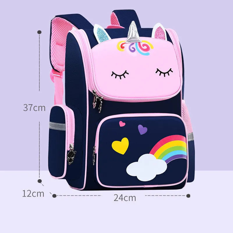 Children's polyester school backpack for primary students in blue, pink, or purple colours with two size options
