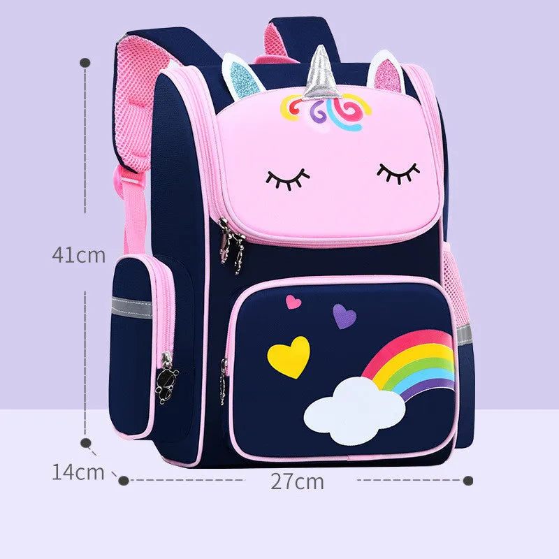 Children's polyester school backpack for primary students in blue, pink, or purple colours with two size options
