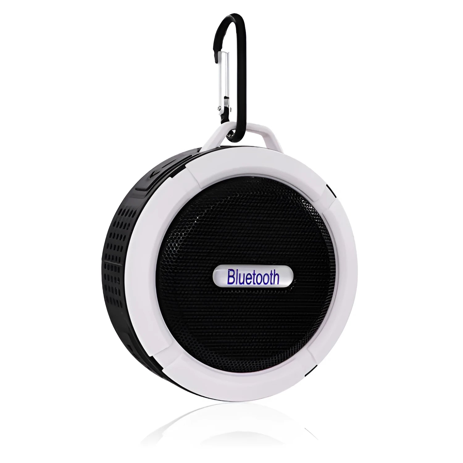 C6 wireless Bluetooth speaker with suction cup in white, showing front grille and button controls