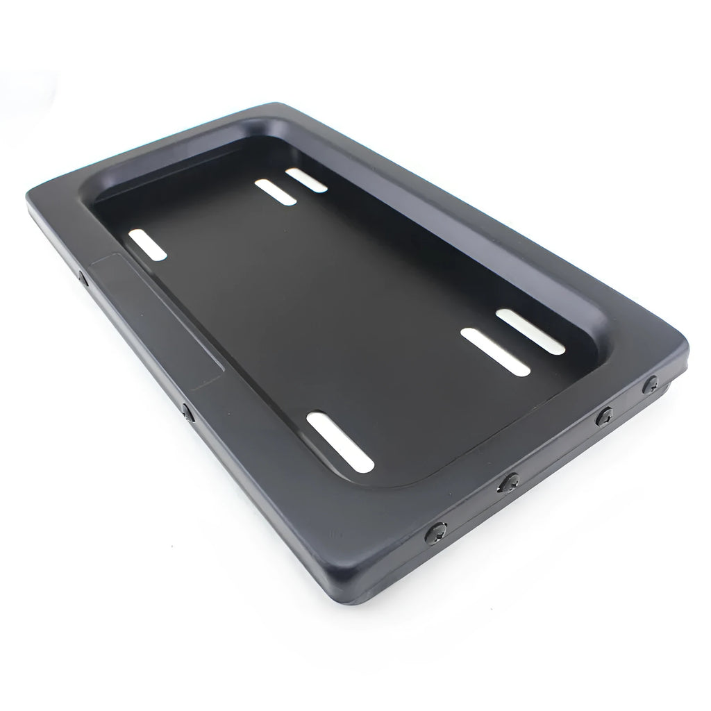Black flipping license plate frame, 314 x 169 mm, for U.S. license plate size, iron and plastic construction.