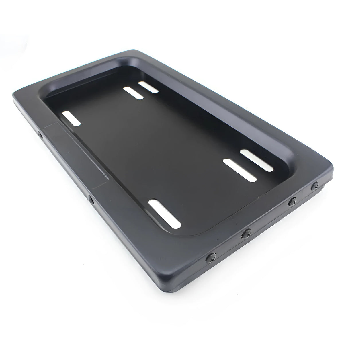 Black flipping license plate frame, 314 x 169 mm, for U.S. license plate size, iron and plastic construction.