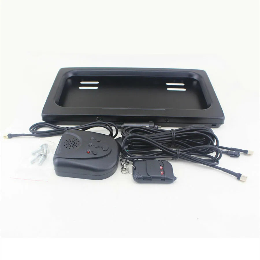 Black flipping license plate frame, 314 x 169 mm, for U.S. license plate size, iron and plastic construction.