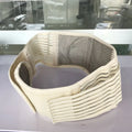Beige self-heating waist belt with magnetic therapy, adjustable for lumbar support on mannequin.
