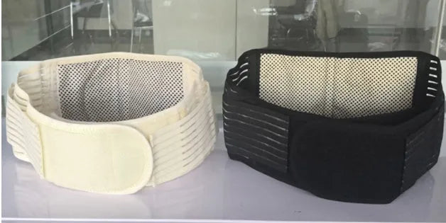 Beige self-heating waist belt with magnetic therapy, adjustable for lumbar support on mannequin.