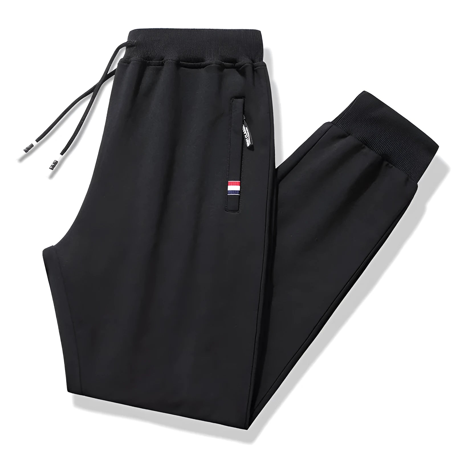 Pair of 95% cotton drawstring trousers in light grey, straight-leg nine-tenths length, laid flat on a plain background