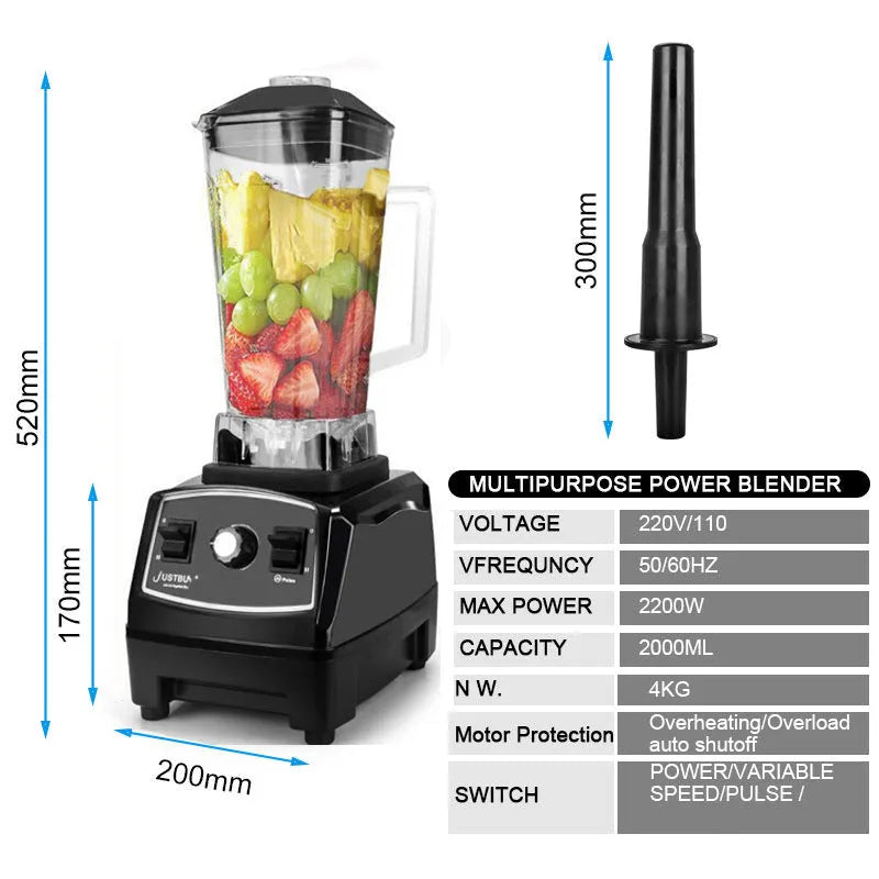 Black or red 2200W wall blender with 2-litre jar for high-speed food processing.