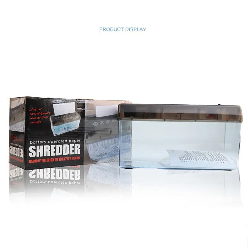 Small electric A4 paper shredder, strip cut, desktop size, for home or office use