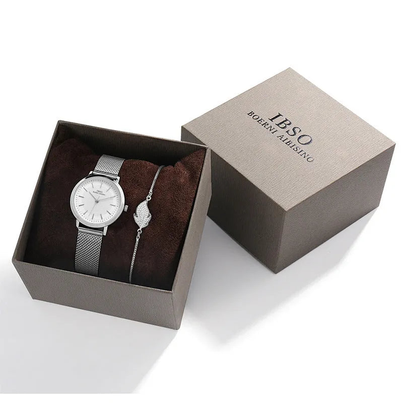 Women's quartz watch with gold leaf bracelet, round 34mm dial, alloy strap, pin buckle clasp, white dial with silver hands and markings