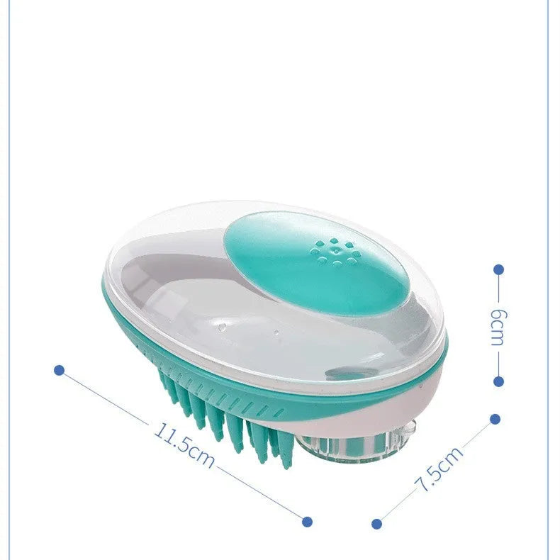 2-in-1 pet bath massage brush with ergonomic handle, silicone bristles in blue, for small to medium dogs and cats