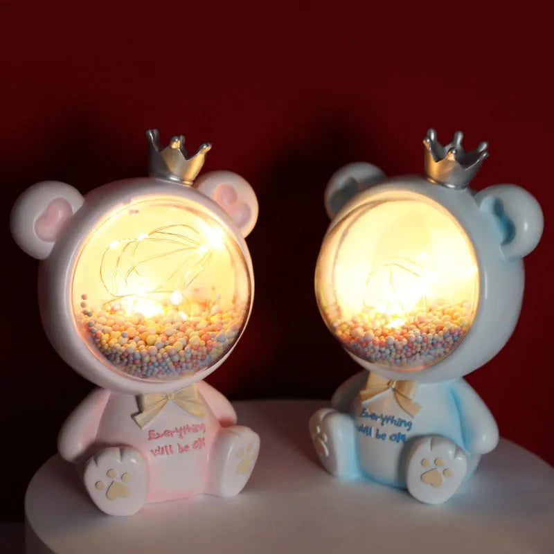 Girly crown bear night light with star light in resin, Space Bear Pink colour, cartoon style