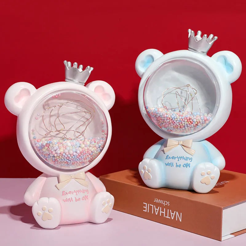 Girly crown bear night light with star light in resin, Space Bear Pink colour, cartoon style