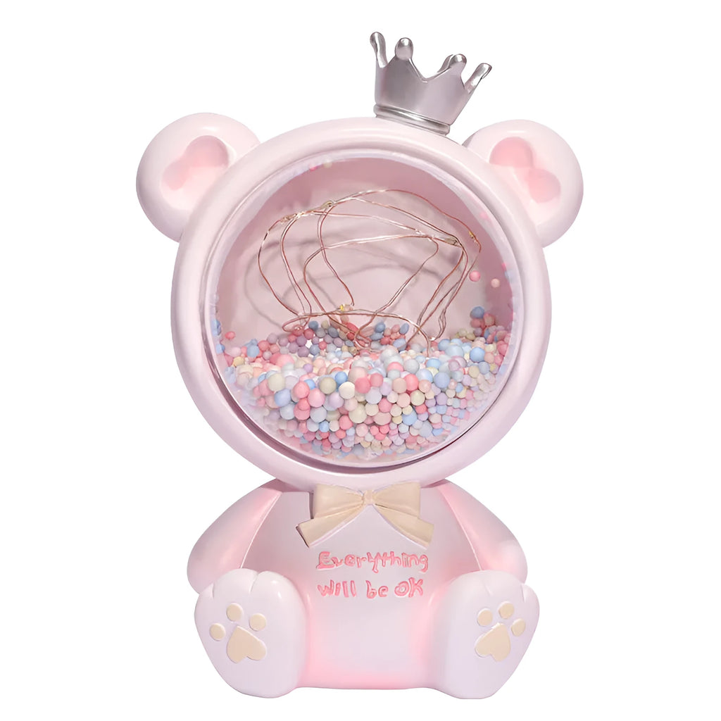Girly crown bear night light with star light in resin, Space Bear Pink colour, cartoon style