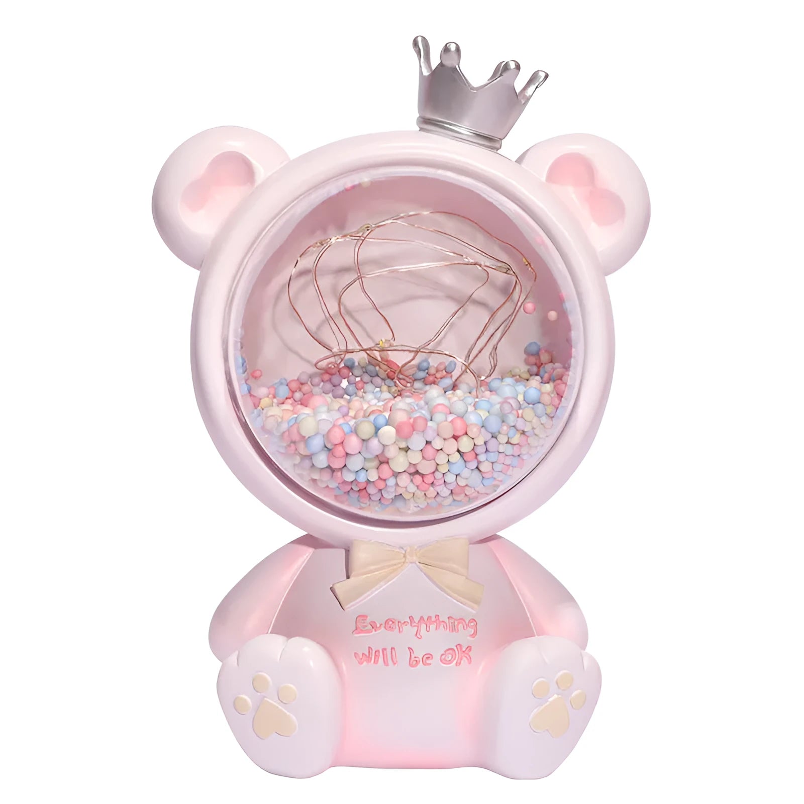 Girly crown bear night light with star light in resin, Space Bear Pink colour, cartoon style