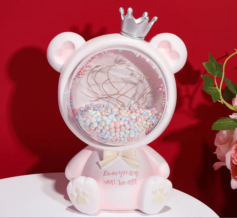 Girly crown bear night light with star light in resin, Space Bear Pink colour, cartoon style
