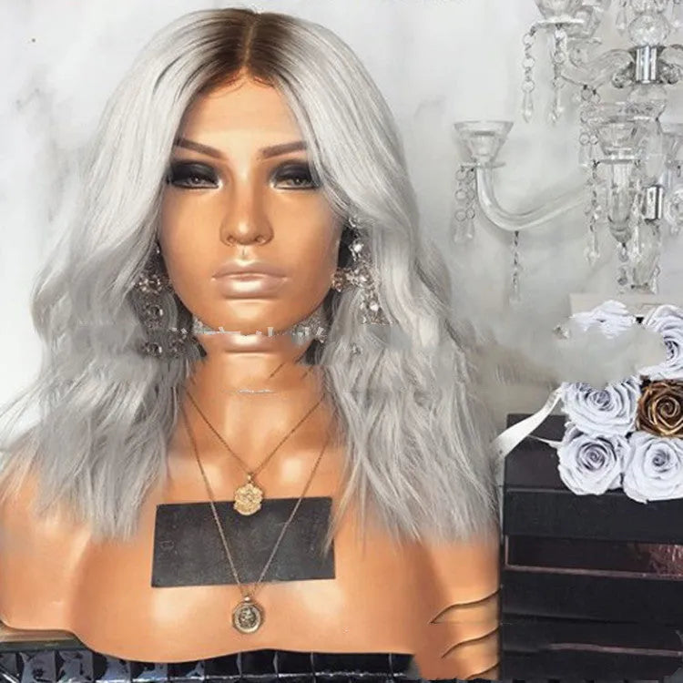 Black and gray mixed long curly wig with micro-volume on a mannequin, silver colour option