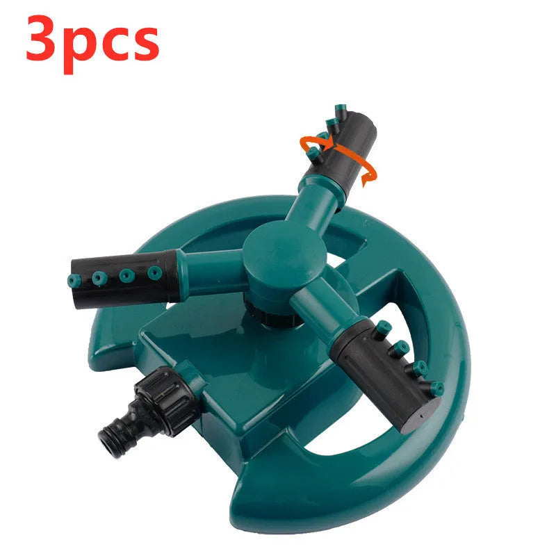360 rotating garden sprinkler with three-fork base, 210mm x 190mm x 95mm, sprays up to 3m high and 5m wide