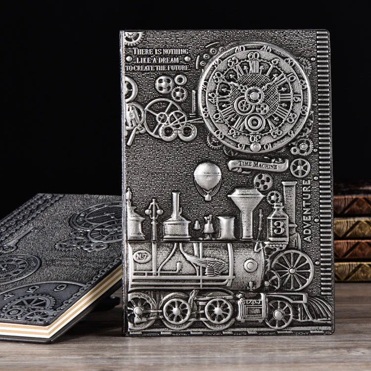 Retro embossed A5 notebook in green bronze, showing textured leather cover and open, lay-flat pages.