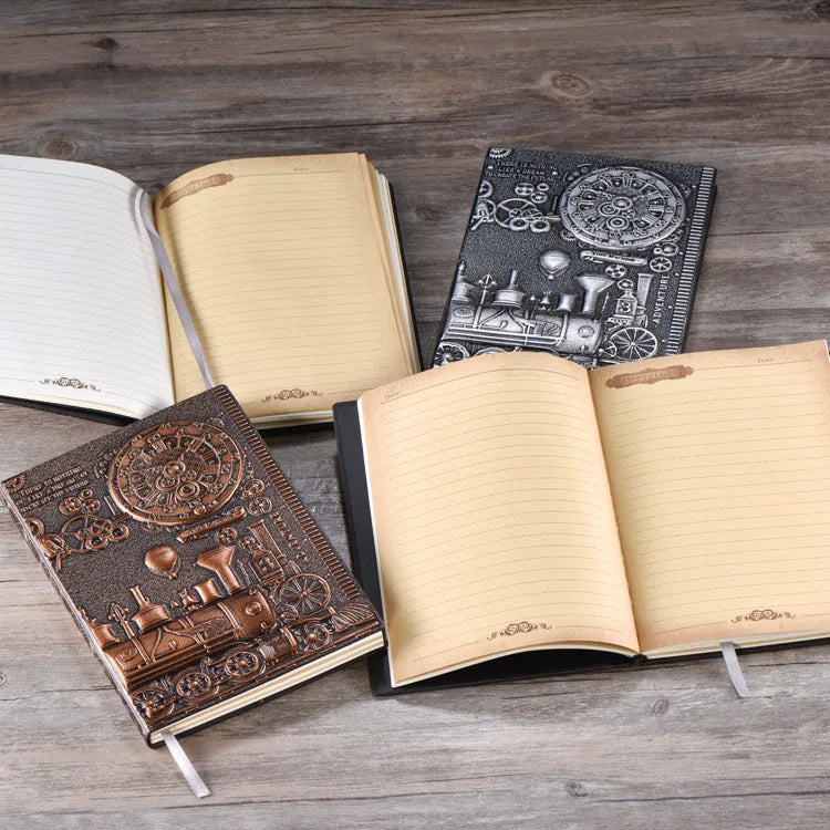 Retro embossed A5 notebook in green bronze, showing textured leather cover and open, lay-flat pages.