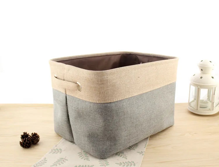 Nordic style fabric folding storage box in blue, coffee, or grey colour, shown in small, medium, large, and extra large sizes.