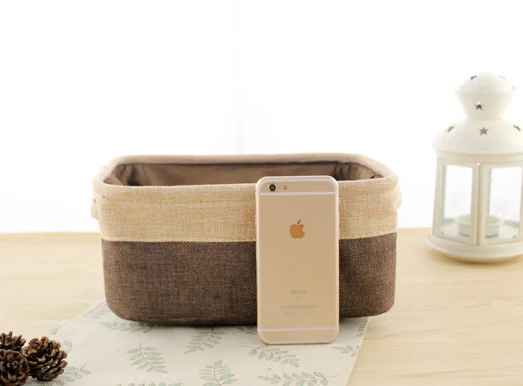 Nordic style fabric folding storage box in blue, coffee, or grey colour, shown in small, medium, large, and extra large sizes.