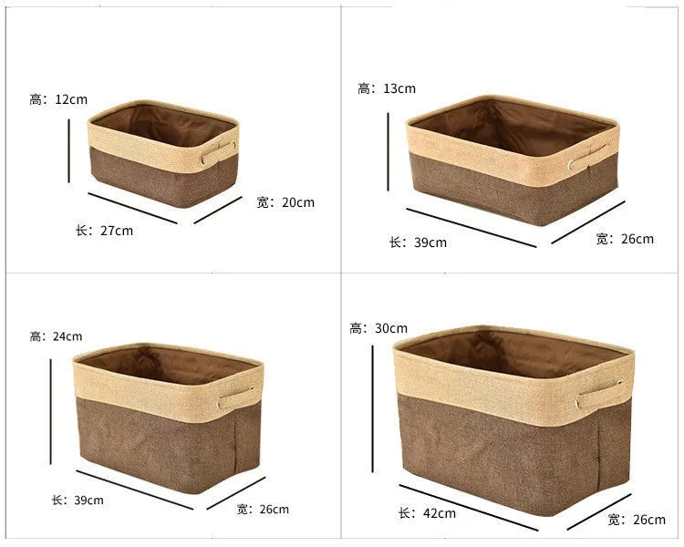 Nordic style fabric folding storage box in blue, coffee, or grey colour, shown in small, medium, large, and extra large sizes.