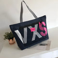 Women's large waterproof shoulder bag Oxford cloth nylon letter print tote in blue with zipper closure