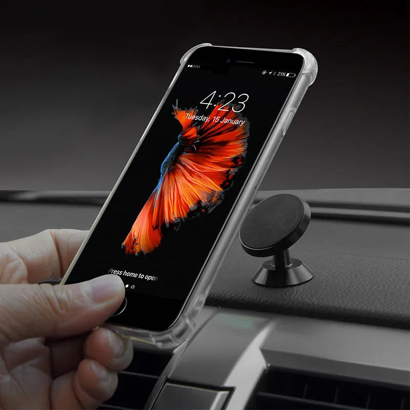 Universal magnetic car phone holder in black, compact size for dashboard or vent mounting